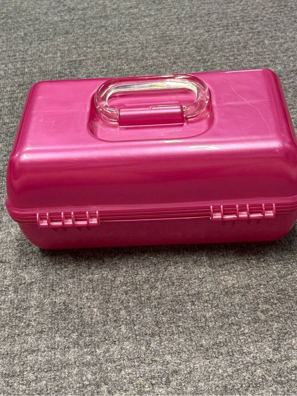 Vintage Caboodles Hot Pink Glossy Hard Shell Makeup Case with Clear Handle